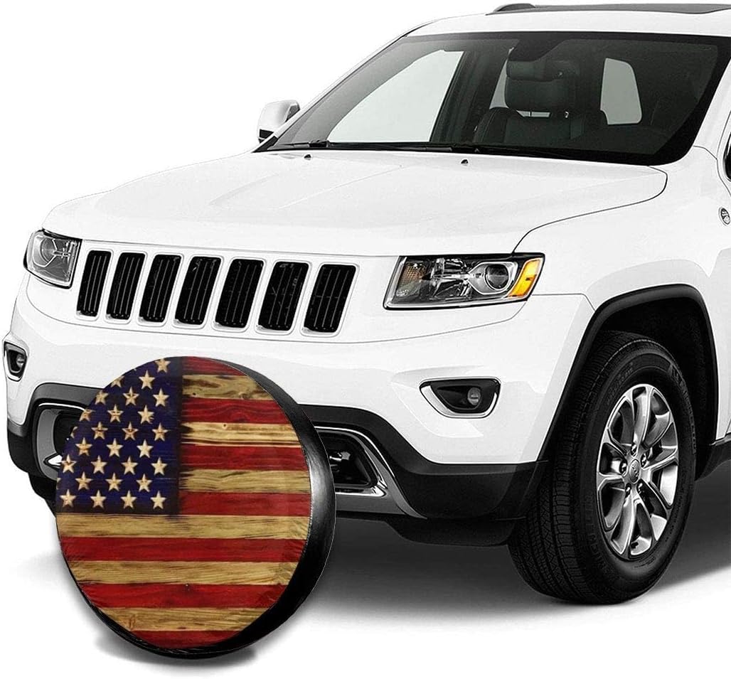 Tire Cover American Flag Reclaimed Wood Potable Polyester Universal Spare Wheel Tire Cover Wheel Covers for Trailer RV SUV Truck Camper Travel Trailer Accessories 15 Inch