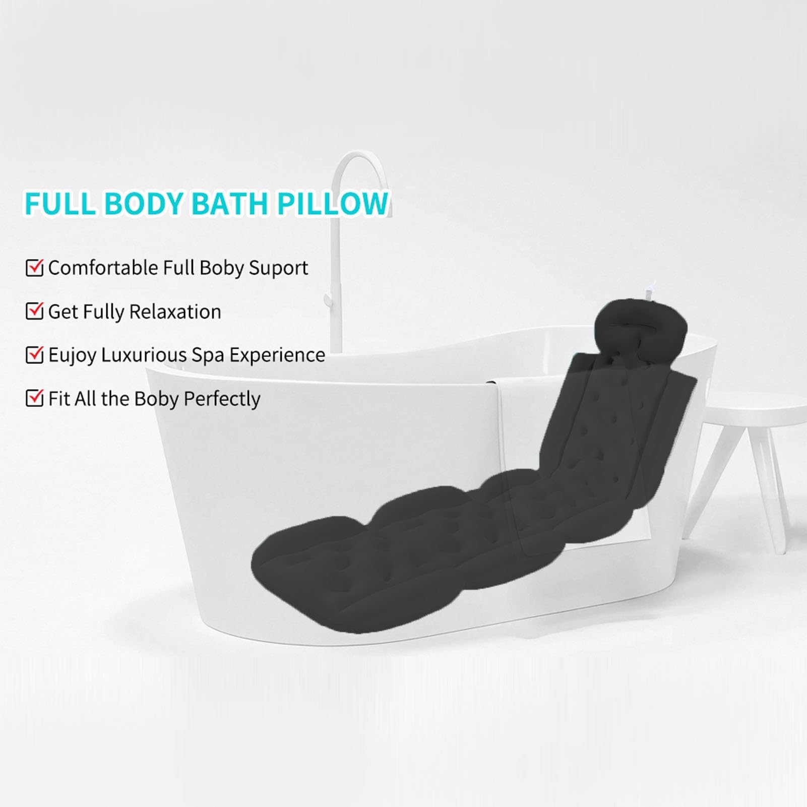 Alomejor Ganzkörper-Badewannenkissen, Weiches, Bequemes Spa-Kissen für Erwachsene, für Badewannen, Pools (Black)