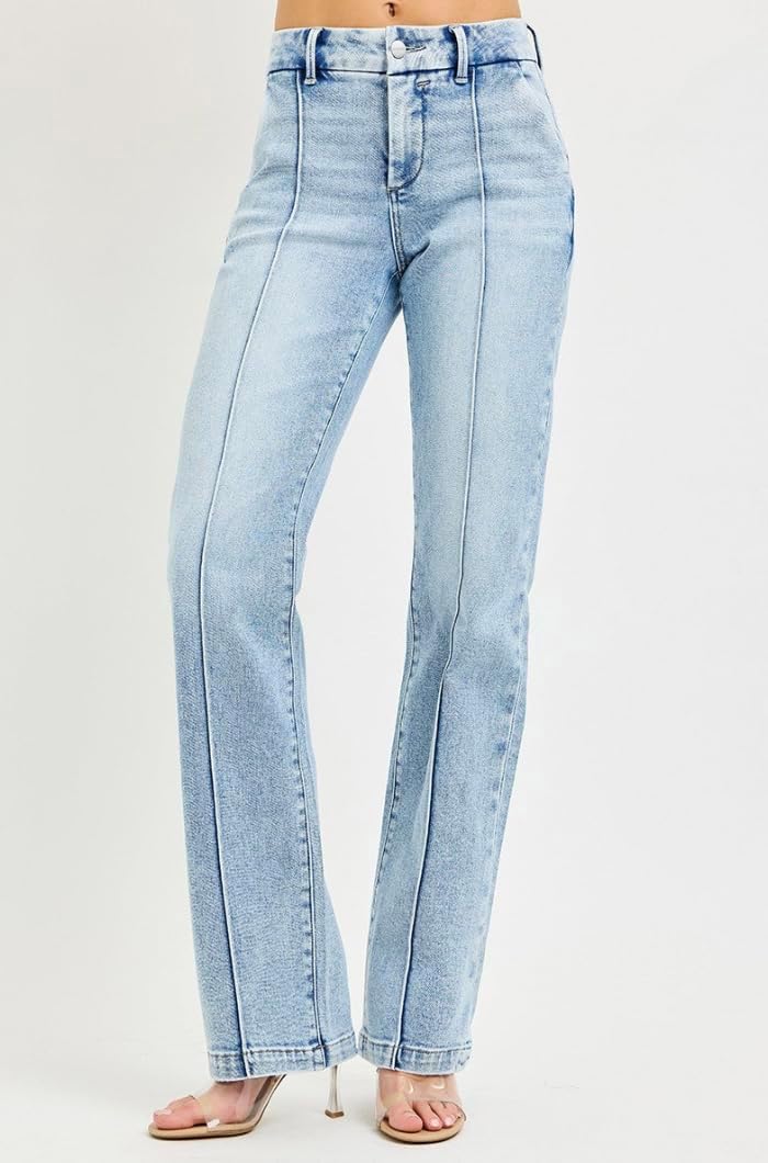 Risen Tummy Control High Rise Pin Tuck Straight Jeans- Ivory Gem