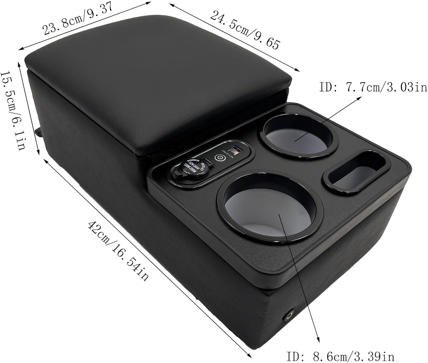 Car Console Storage Box with Cup Holders and Armrest, USB Port,Black