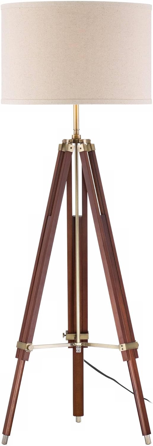 Possini Euro Design Surveyor Modern Industrial 57 1/2" Tall Tripod Floor Lamp with Smart Socket Cherry Wood Brass Adjustable Beige Linen Drum Shade for Cottage Core Living Room Family Bedroom Office