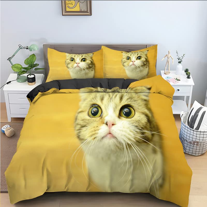 Housse de couette chat jaune 140x200 cm avec 2 taies d'oreiller pour lit enfant