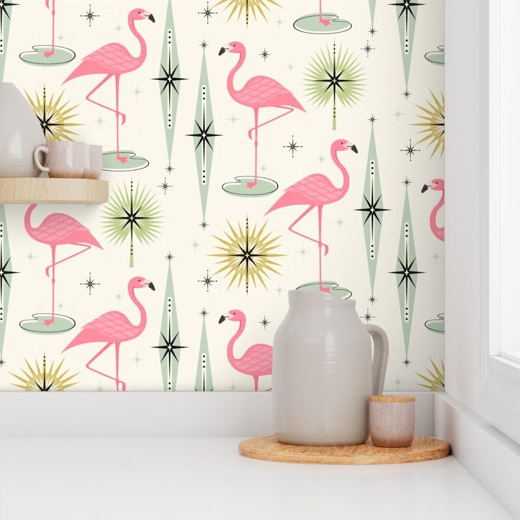 Peel & Stick Wallpaper Swatch - Retro Flamingo Diamonds 1950S Tropical Flamingos Fifties Atomic Custom Removable Wallpaper by Spoonflower