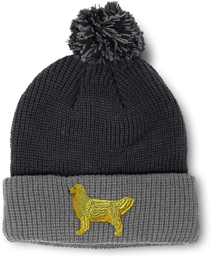 Custom Pom Pom Beanies for Women Golden Retriever Dog C Embroidery Skull Cap Winter Hats for Men 1 Size