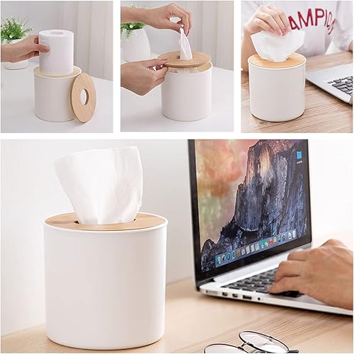 Miniatura 3 de Paquete de 2 soportes rectangulares y redondos de madera para caja de pañuelos de bambú duro, caja dispensadora de pañuelos faciales, caja