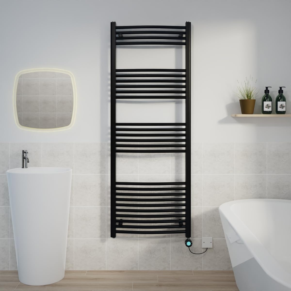 Warmehaus Black Electric Heated Towel Rail Curved Thermostatic Bathroom Towel Radiator With Timer Prefilled - 1600X600mm 800W