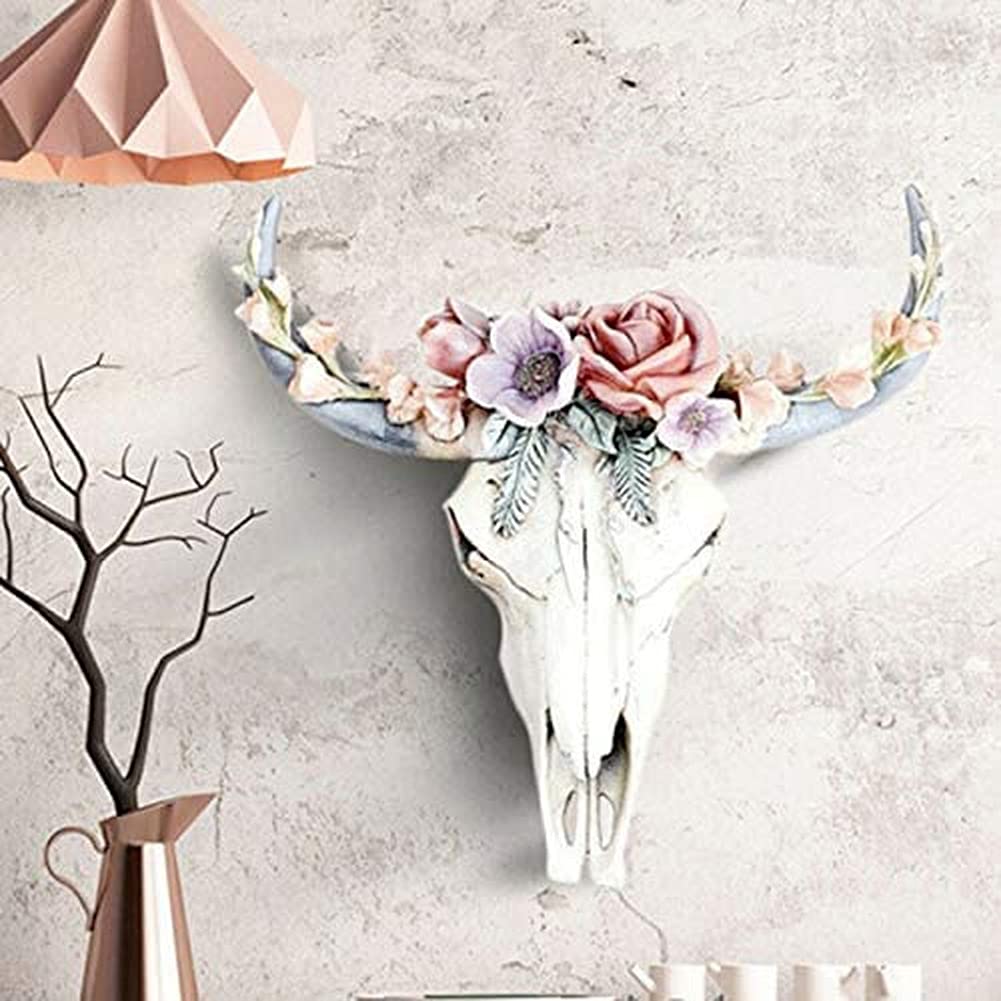 ausuky Wall Mount Animal Longhorn Cow Skull Ornament Stag Resin Head Hanging Sculpture Decor (Red,Large)