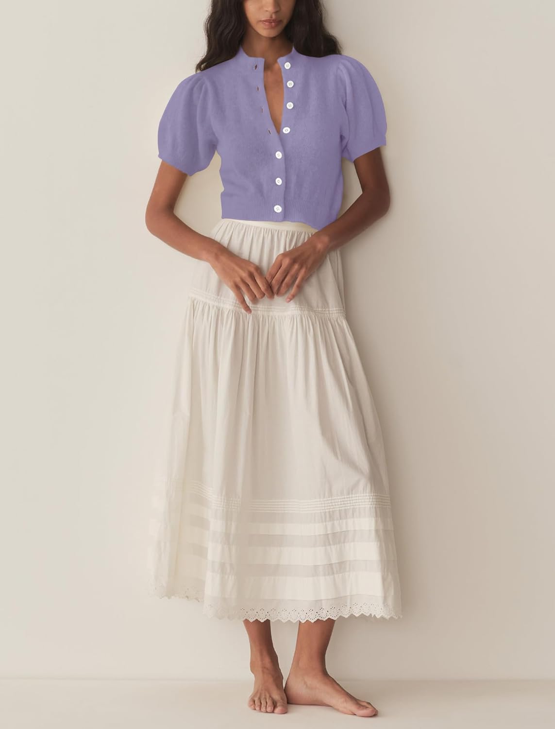 Womens Puff Short Sleeve Cardigan Sweaters Cropped Button up Lightweight Y2k Knit Summer Cardigans - Image 5