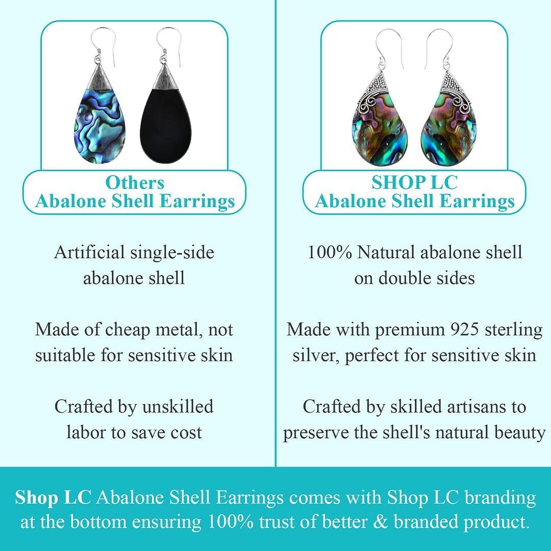 Abalone Shell Dangle Earrings for Women Sterling Silver 925 - Unique Vintage Beach Boho Earrings - Costume Jewelry Anniversary Birthday Christmas Gifts for Womens