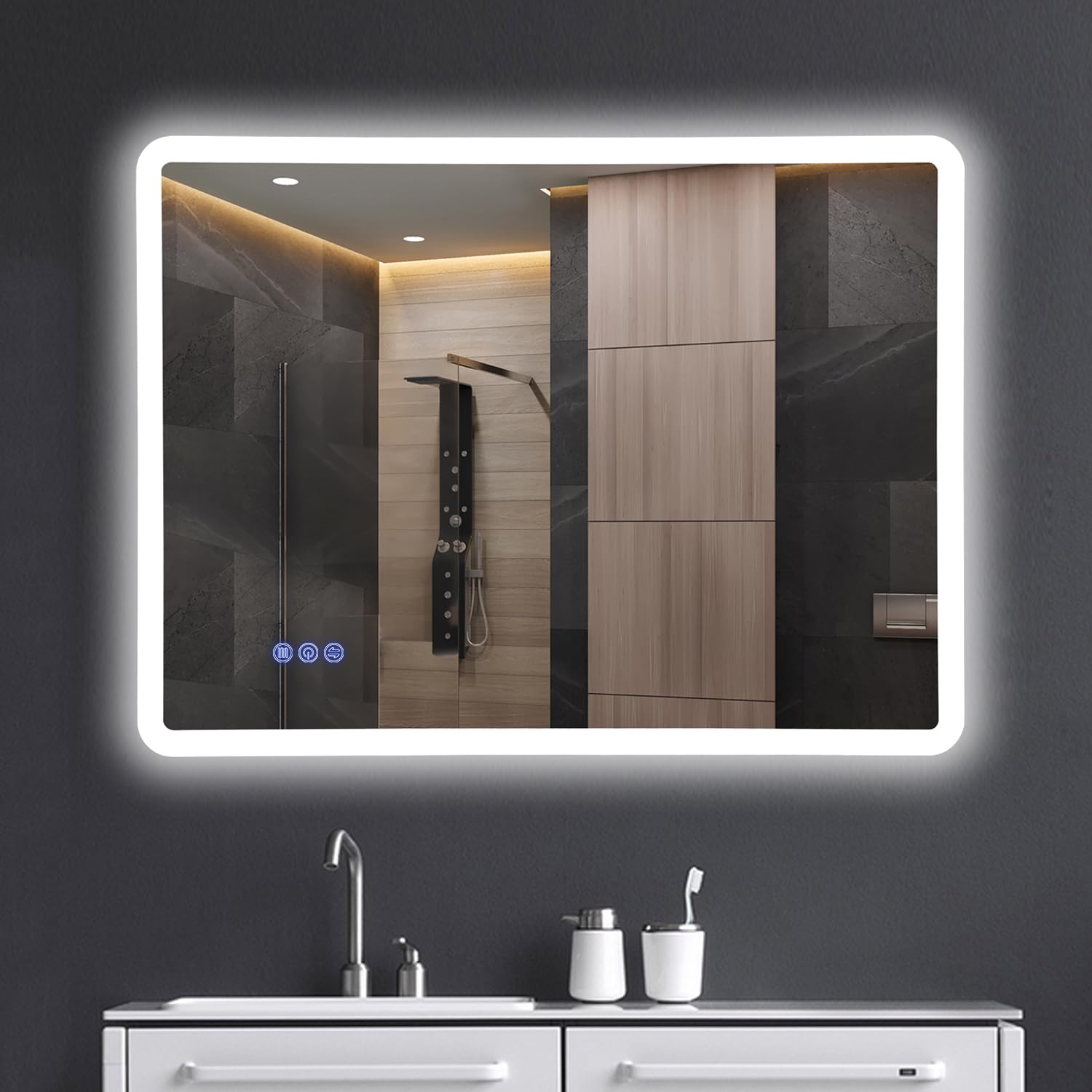 baklon 80x60cm,Marco único Espejo-Baño-LED con Antivaho, Regulable, 3 Temperaturas Color, Función Memoria, IP65, Vidrio Templado,[Clase de eficiencia energética E]