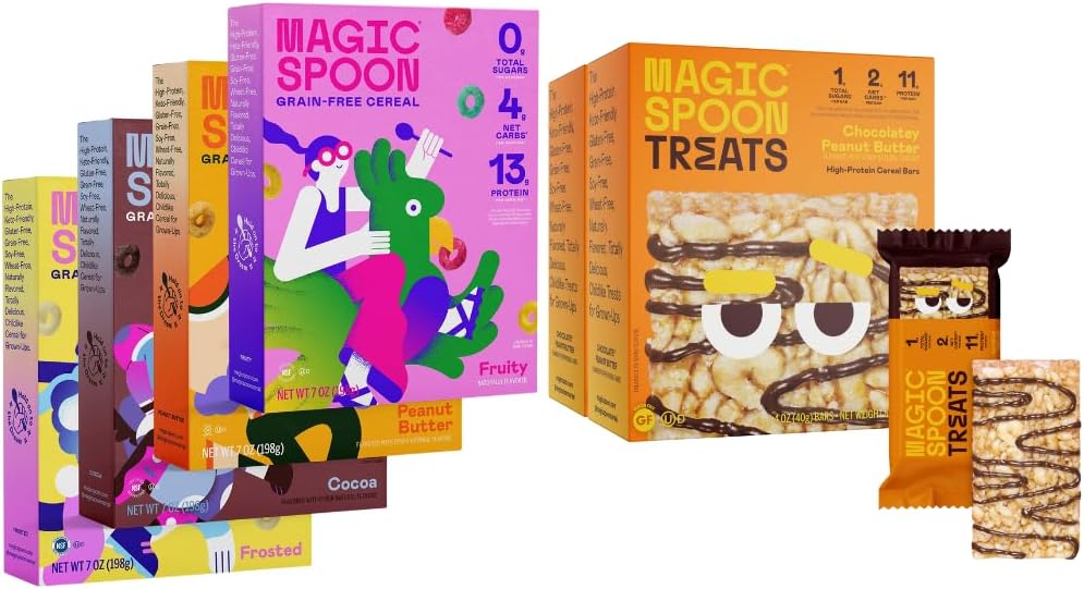Magic Spoon Variety 4-Pack of Cereal & 2-pack Chocolatey PB High Protein Bars - Low Carb, Keto Friendly, Gluten & Grain Free