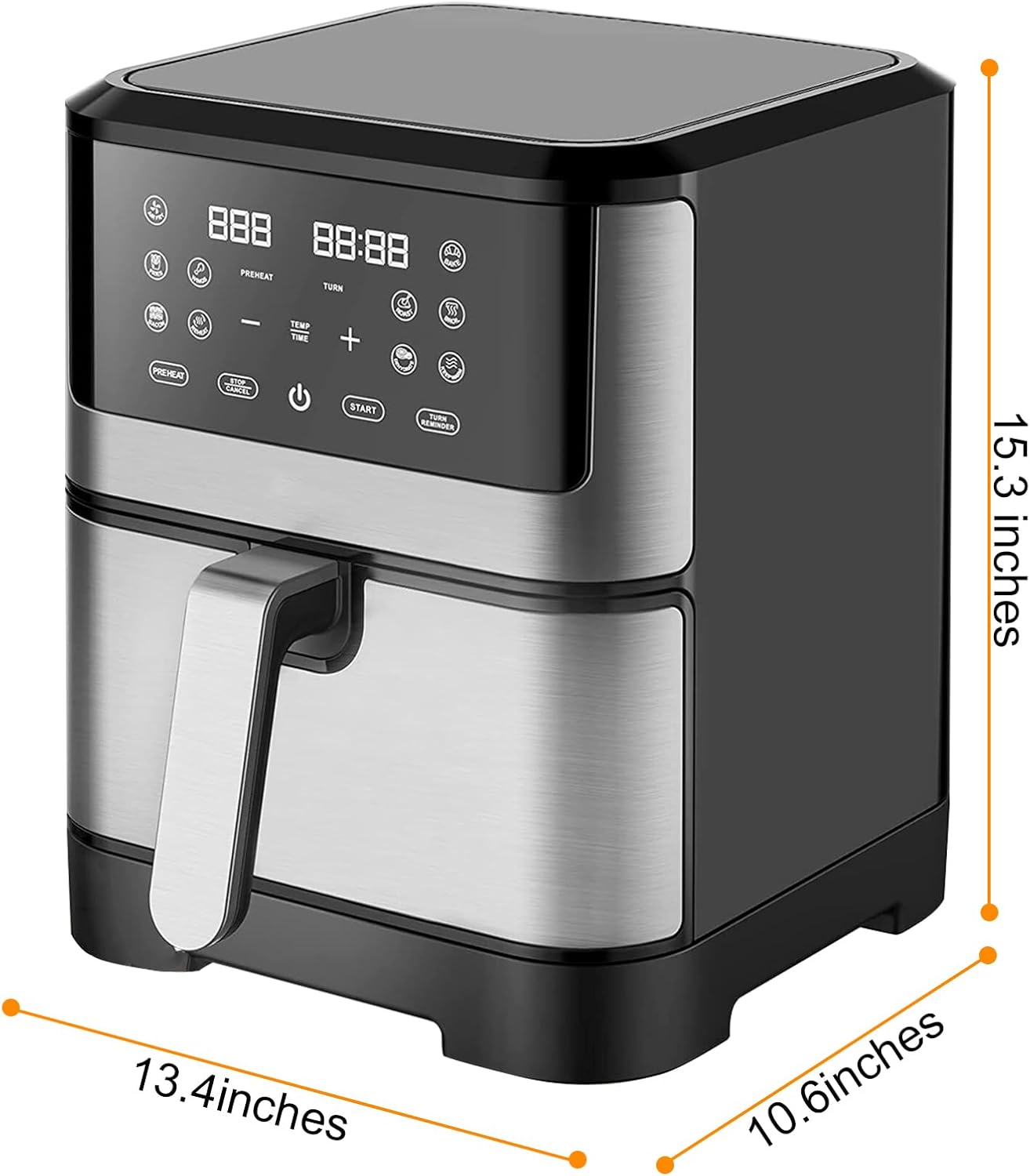 Air Fryer 8 Qt Family Size, One-Touch Digital Control Presets, French Fries, chicken, Meat, fish, Nonstick Dishwasher-Safe Parts, Nonstick Basket, Stainless Steel