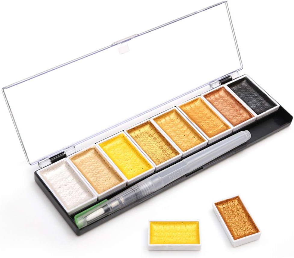 Dainayw Metallic Watercolor Paint, 8 Starry Colors, Artist Glitter Solid Colors, Portable and Lightweight with 1 Water Brush