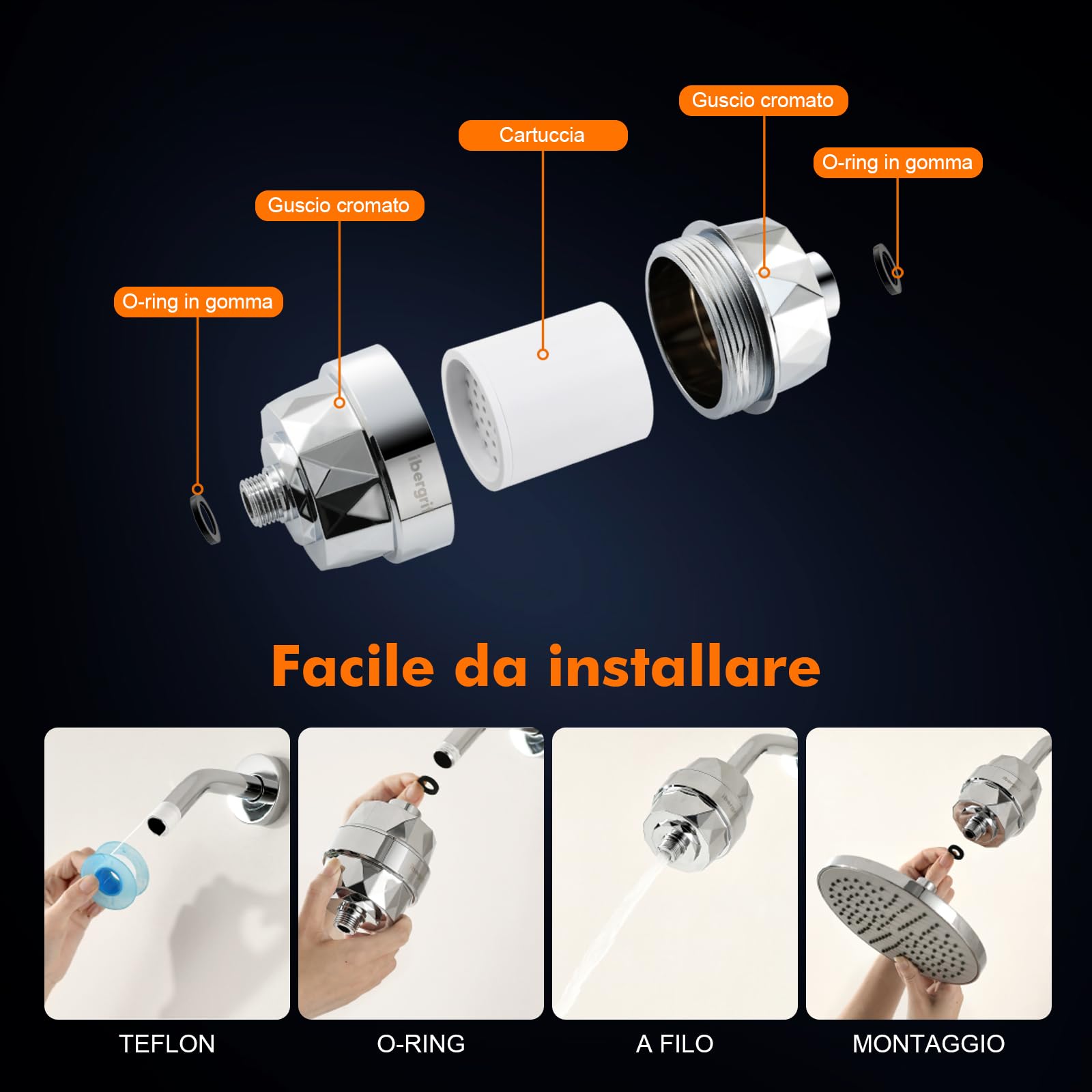 Ibergrif M91010 Filtro doccia per acqua dura, con cartuccia sostituibile per rimuovere cloro e metalli pesanti