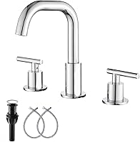 Vista 10 de GGStudy Caño giratorio de 360°, 2 asas, 3 agujeros, 8 pulgadas, grifo de lavabo de baño de oro cepillado a juego con drenaje desplegable