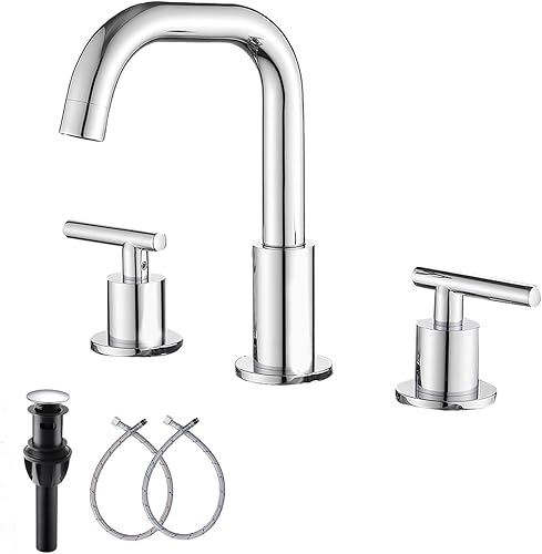 Miniatura 10 de GGStudy - Grifo de lavabo de baño negro mate, 2 asas, 4 pulgadas, grifo negro con montaje de drenaje y manguera de suministro, grifo de lavabo