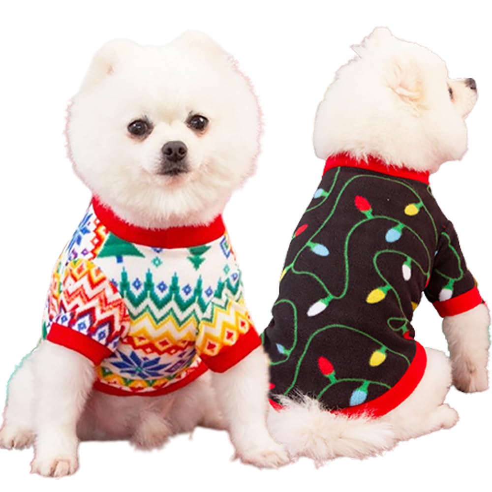 Pack of 2 Dog Christmas Outfits - Pet Chirstmmas Costume - Fleece Puppy Christmas Sweater - Warm Soft Xmas Puppy Clothes Pet Apparel for Doggie Cat (