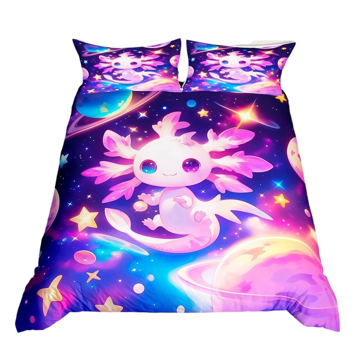 Homewish Axolotl Comforter Cover Single For Kids Boys Girls,Galaxy Planet Space Bedding Set Cartoon Animal Duvet Cover Purple Dreamy Starry Quilt Cover