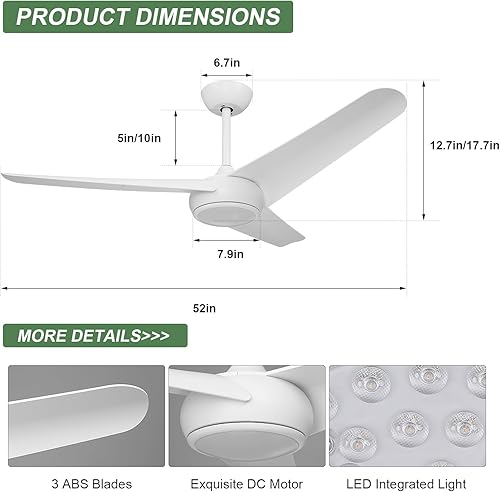 Miniatura 2 de White Modern Ceiling Fan with Light, 52 Inch Ceiling Fan, 3 Blades, Dimmable LED Memory Function, Silent Reversible DC Motor, Indoor Fan Lights for