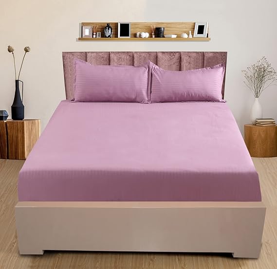 Nendle 300TC Cotton Elastic Fitted Bedsheets for Double Bed Queen Size 78x60 Inches with 2 Pillow Covers (Fits Upto Mattress of 10 Inches, Pink)