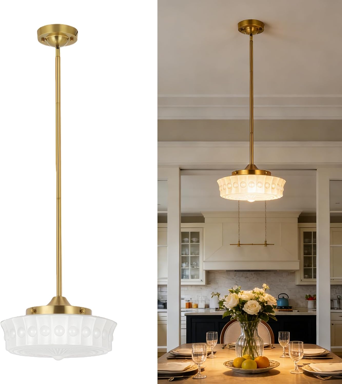 Opal White Milk Glass Pendant Light, Art Deco Schoolhouse-Inspired Glass Hanging Light with Antique Brass Finish, 14in Ceiling Pendant Light for Kitchen Island, Entryway