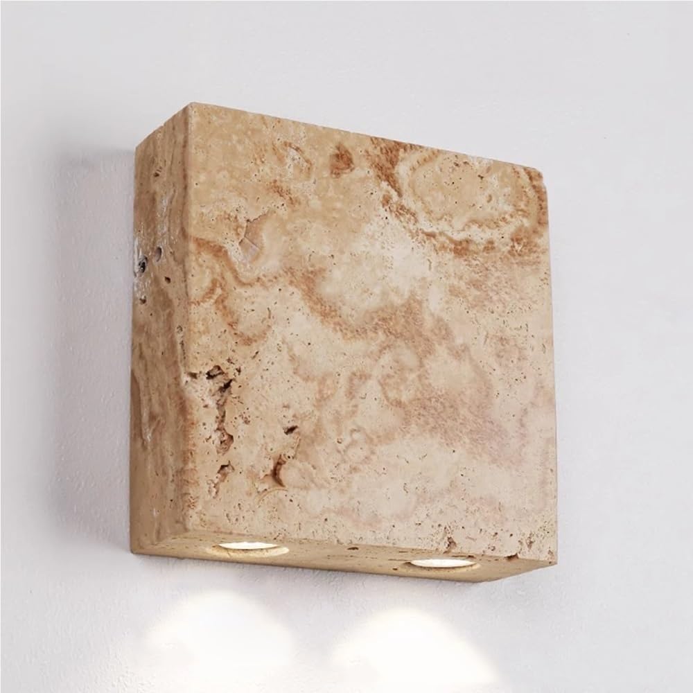 FEITENGDA Modern Design Travertine Wall Sconce Minimalist Square Stone Wall Light Indoor Decorative Wall Lamp Fixture for Bedroom Bedside Living Room Hallway