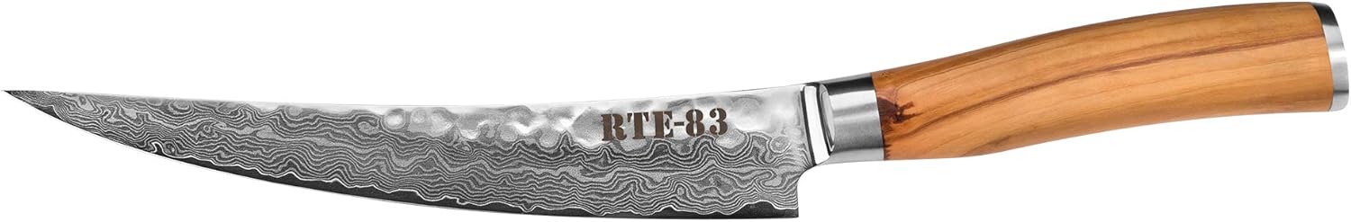 Route83 Signature Prime Rib/Brisket Damascus Steel Two Knife Boning/Trimming Set Italian Olive Wood Handles