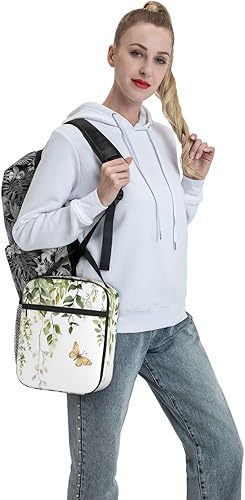 Vista 247 de SUPLUCHOM Lonchera vintage con diseño de hojas de hongos y bosque, bolsa aislada reutilizable con bolsillo lateral para el trabajo, escuela, picnic