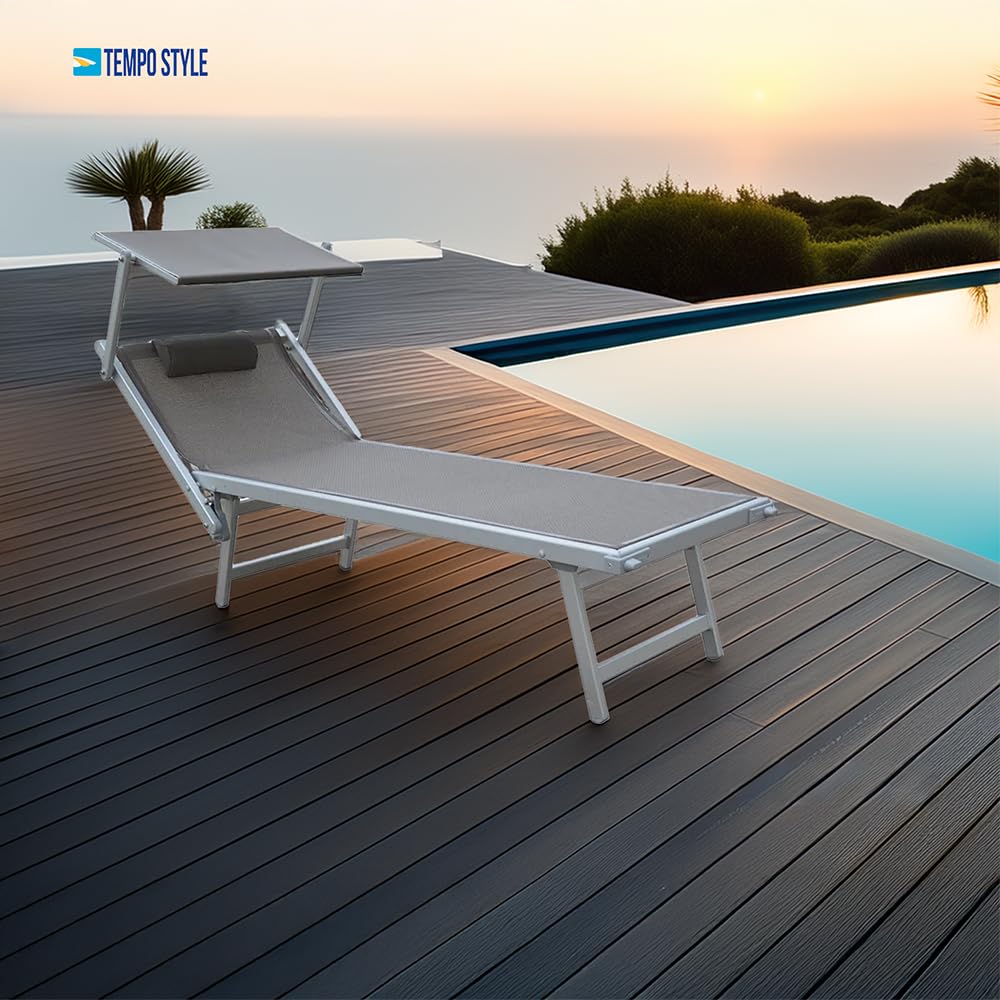 Lettino Mare Professionale in Alluminio L-Mediterraneo | Tetto Parasole Pieghevole, Rivestimento in Textilene, Ideale per Spiaggia, Piscina e Giardino (Tortora/Alluminio)