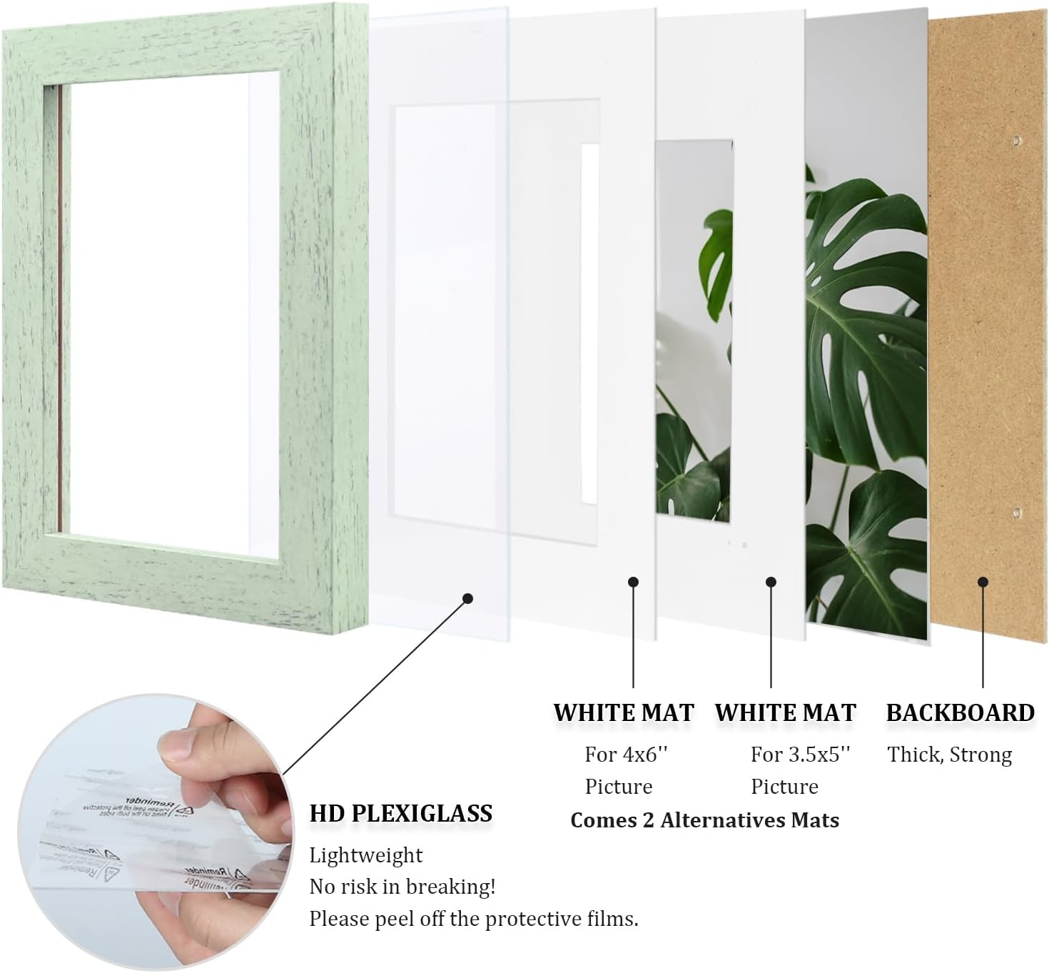 Egofine 5x7 Picture Frames Set of 4, Made of Solid Wood Covered by Plexiglass 3.5x5 and 4x6 with Mat or 5x7 without Mat, for Table Top Display and Wall Mounting Photo Frame Rustic Green - Image 4