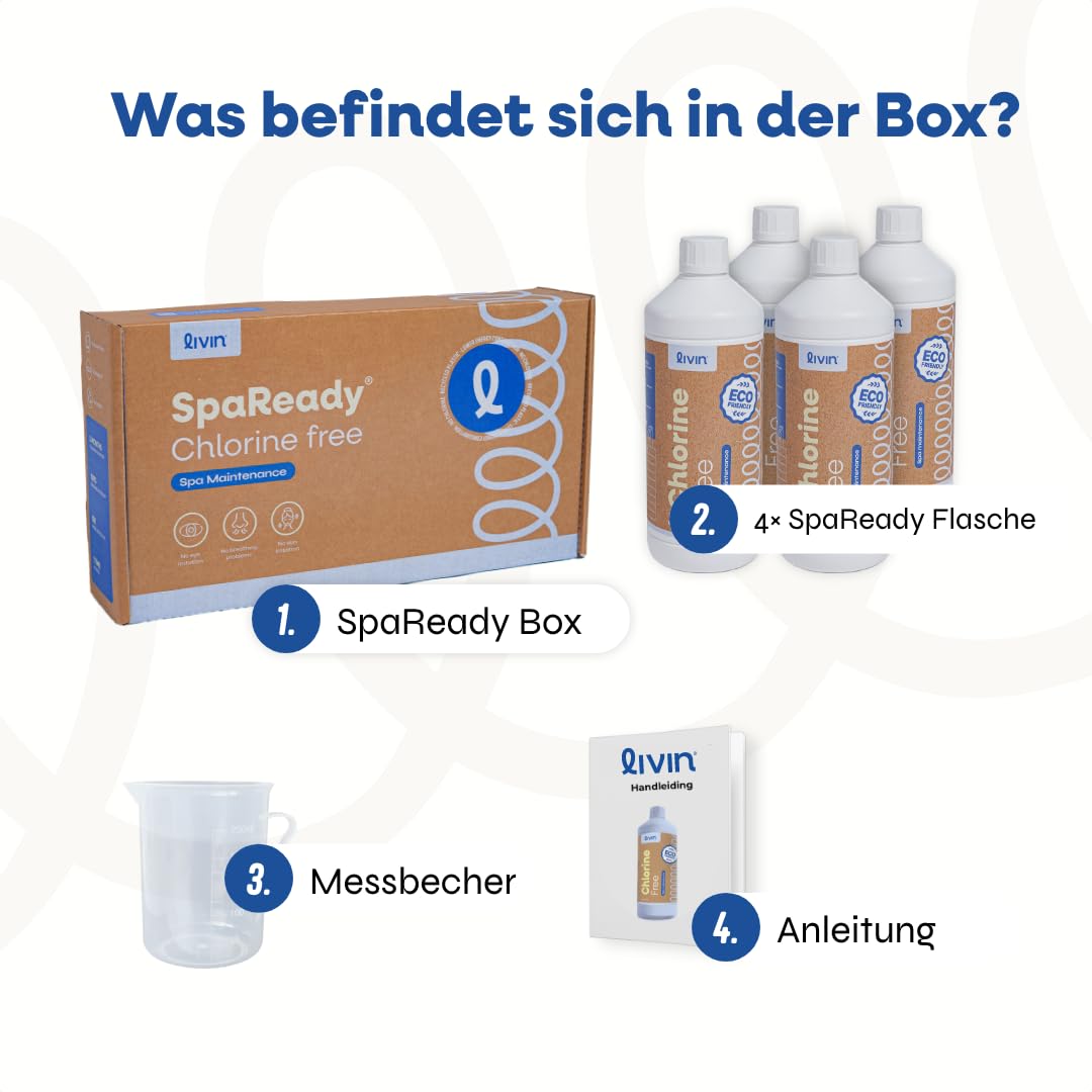 LIVIN Wasserreiniger - 1L* 4 Zuverlässige Wasserpflege und Reinigung für Whirlpools- Badewannen Whirlpool- Reinigungsset & Spa Wasserreiniger