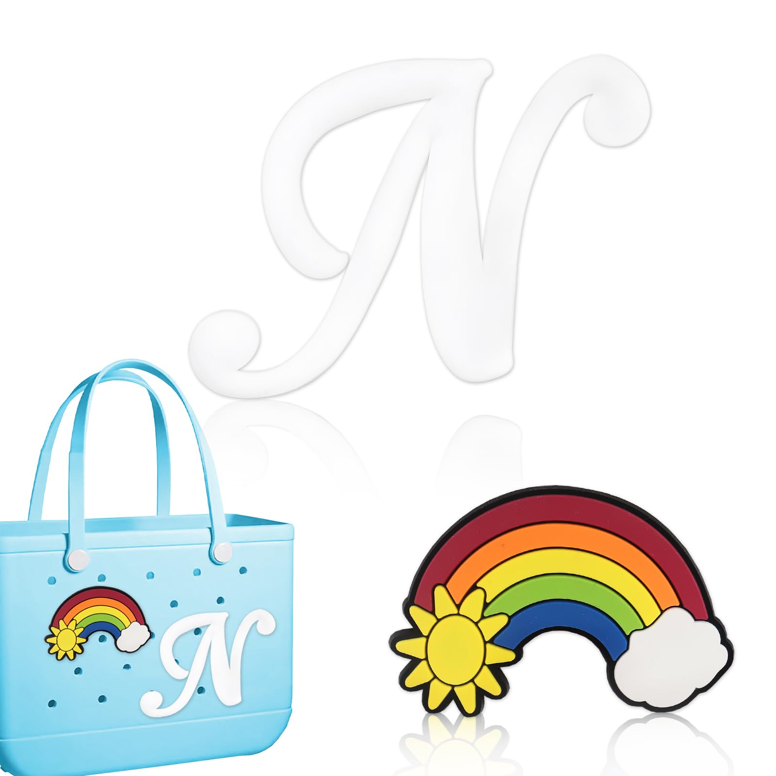 Personalized Letter Charms for Bogg Bag, White Alphabet Lettering Accessories & Rainbow Charm for Simply Southern Beach Tote Bag, DIY Personalized