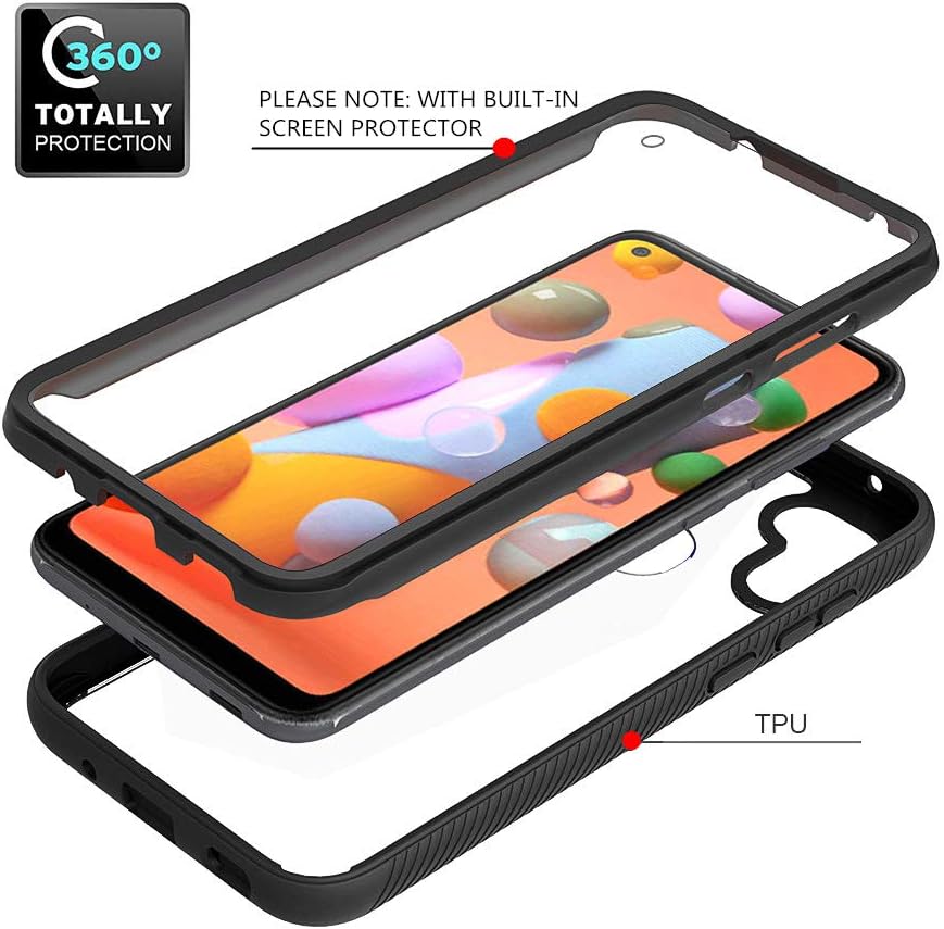 PULEN for Samsung Galaxy A11 case,with Built-in Screen Protector,Rugged Body Heavy Duty Protection TPU Shock Absorption Shatter-Resistant Bumper Cover Phone case + PC Back Cover - Black
