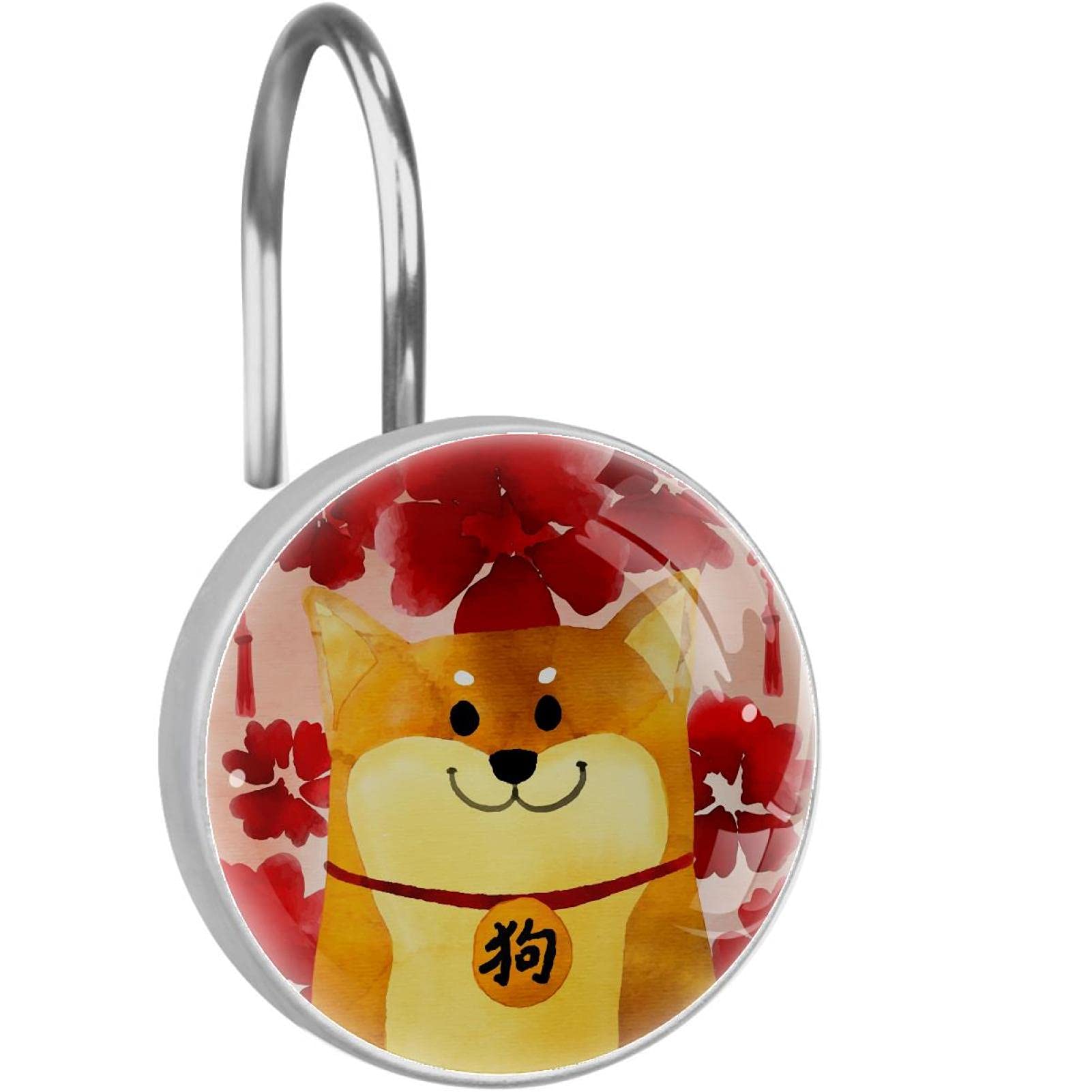 Anneaux de rideau de douche acier inoxydable lot de 12 décor Shiba Inu