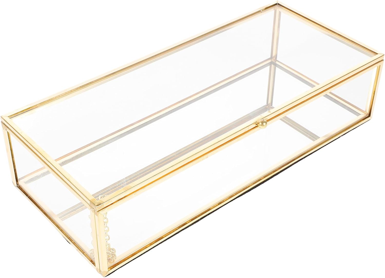 Vintage Style Glass Jewelry Box with Metal Frame 23x10x5.5cm, Lidded Storage Organizer for Perfume, Lipstick, and Household Accessories, European Luxury Desktop Display Case