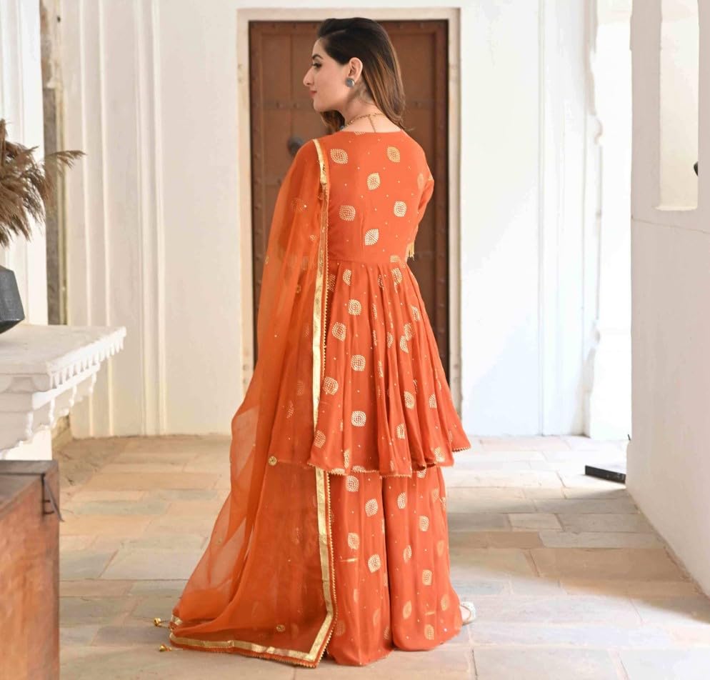 Image of ETISHA Women's Cotton Blend Gold Printed Kurta Sharara with Chiffon Dupatta Set