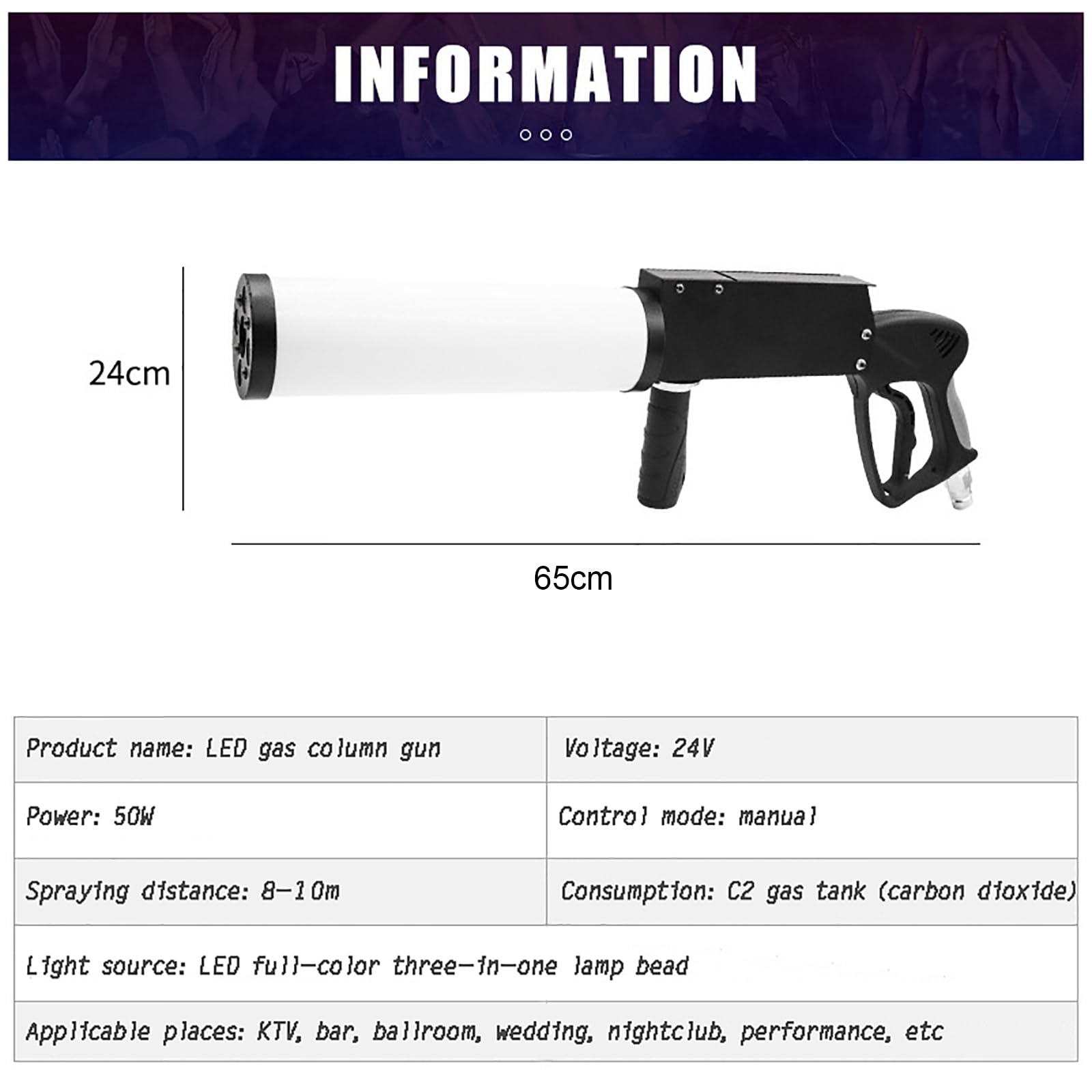 Macchina per la nebbia CO2 palmare con tubo flessibile da 3 m per palcoscenico DJ, feste, matrimoni, festival musicali, luci RGB Cannon attrezzatura per effetti scenici