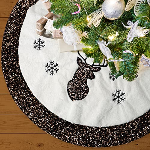 Jupe d'Arbre de Noël LAMPOON, Jupe d'Arbre de Noël Blanc Rustique en Fausse Fourrure de 90 cm,Décorations d'intérieur de Tapis d'arbre de Noël Brodé de Paillettes de Flocon de Neige avec motif de Cerf Cover