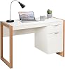 COSTWAY Computer Desk, 112 x 50cm Wooden Study Table Writing Workstation with Drawer and Cabinet, Modern PC Laptop Table Gaming Working Desk for Home Office Bedroom(WhiteNatural)