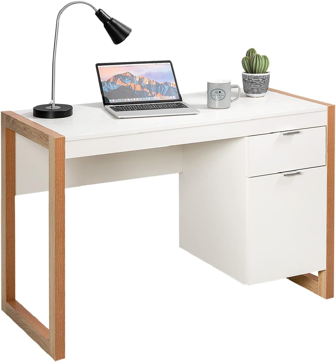 COSTWAY Computer Desk, 112 x 50cm Wooden Study Table Writing Workstation with Drawer and Cabinet, Modern PC Laptop Table Gaming Working Desk for Home Office Bedroom（White+Natural）