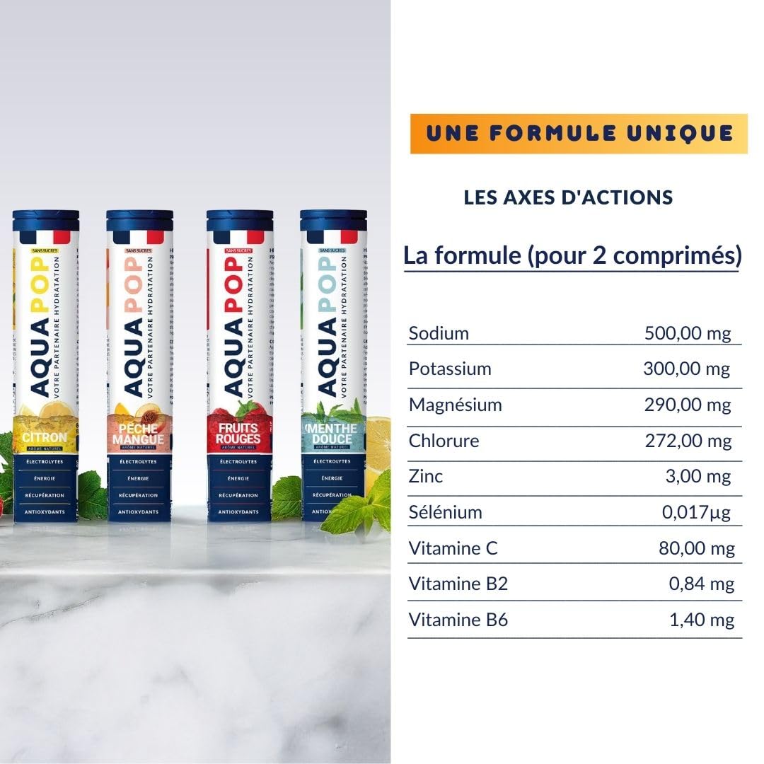 AQUAPOP - Pastilles électrolytes - Pack de 4 tubes - Sans Sucres - Favorise l'hydratation et l'énergie - 80 Comprimés Minéraux et Vitamines - Sport & Bien-être - 4 Pack