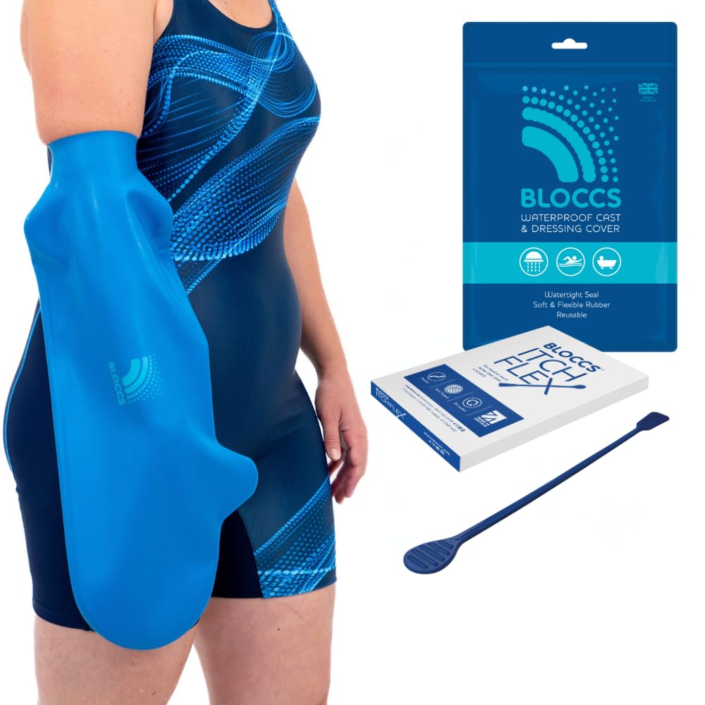 Bloccs Wasserdichtes Arm-Gips-Pflegeset für Erwachsene (S) + ItchFlex Gipskratzer – Schutz beim Schwimmen & Duschen
