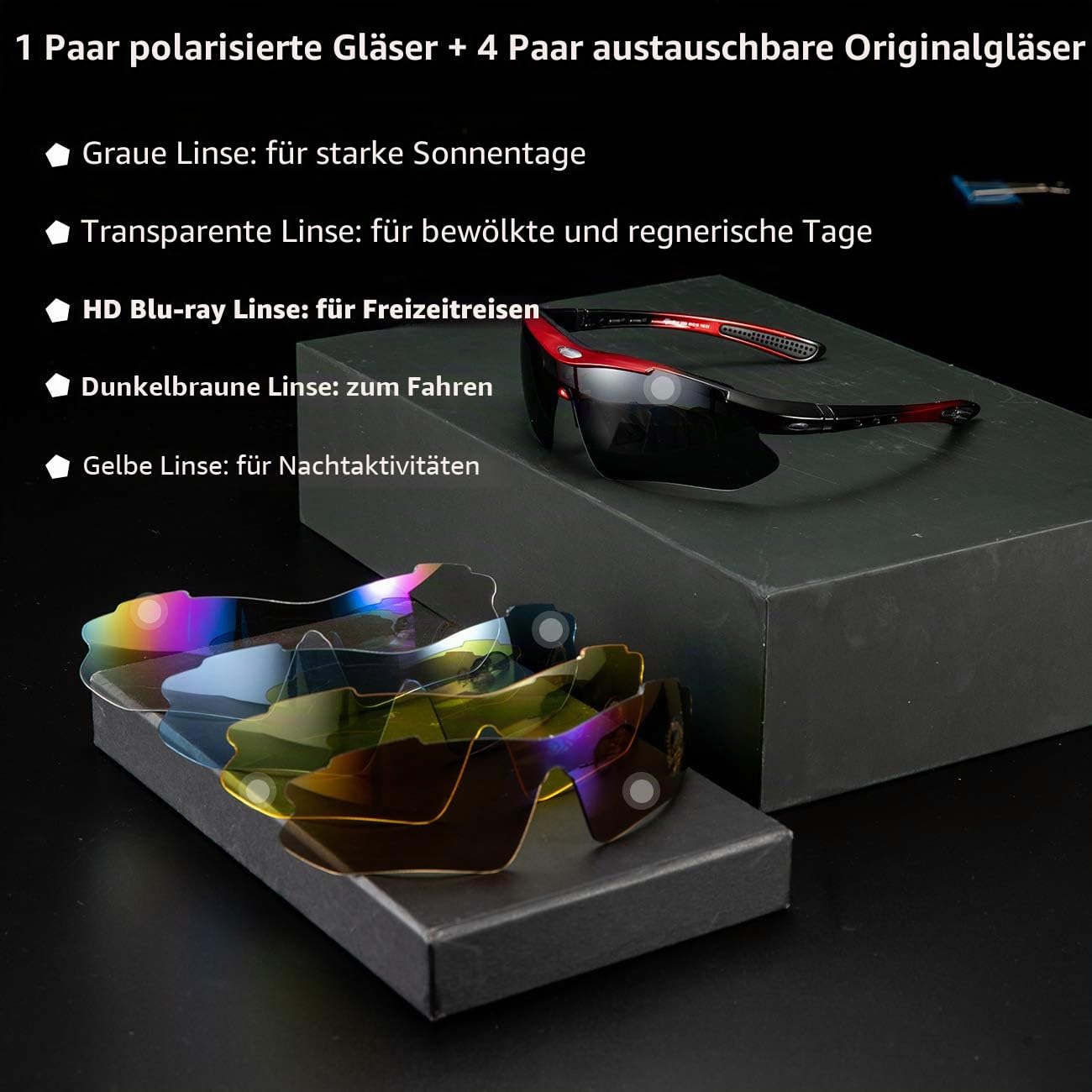 ROCKBROS Fahrradbrillen Polarisierte Sonnenbrille mit 5 Wechselgläsern Damen Herren Sportbrillen Radbrille für Outdoor-Sport Radfahren Laufen Angeln