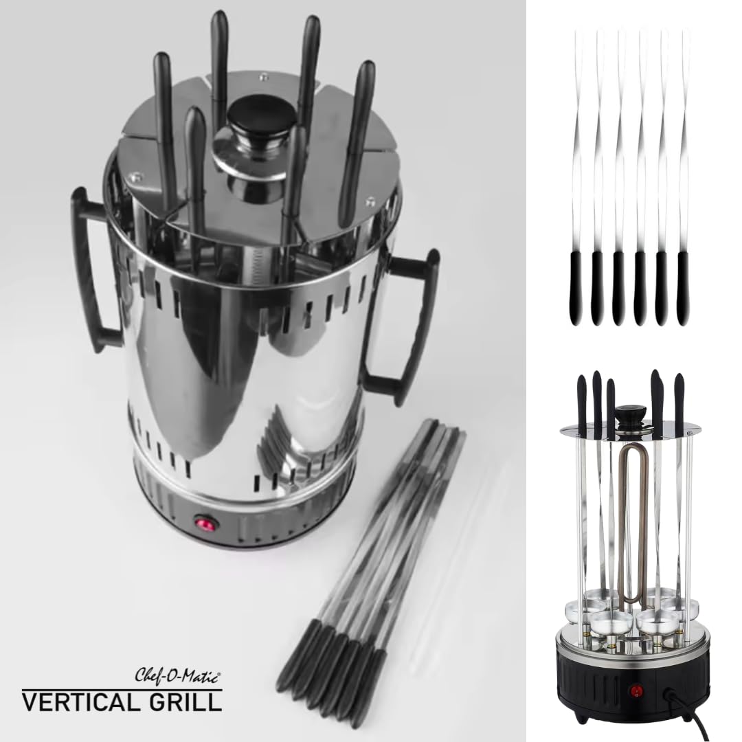 Vertical Grill, Griglia verticale senza olio e grasso,1000W, capacità di 6 spiedini, Rotazione automatica a 360°, facile da pulire, barbecue, ideale per spiedini alla griglia, kebab