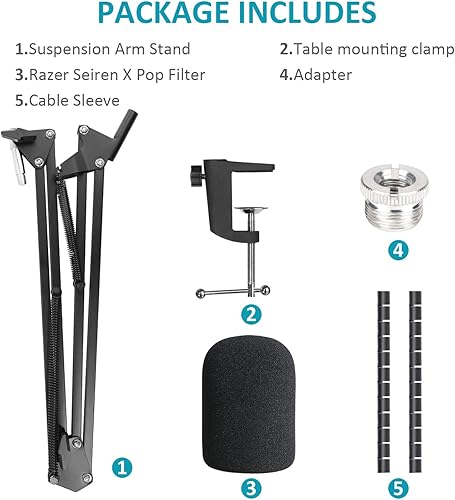 Miniatura 8 de Razer Seiren X Mic Boom Arm Stand con filtro pop, compatible con micrófono USB Razer Seiren X con funda para cable por SUNMON