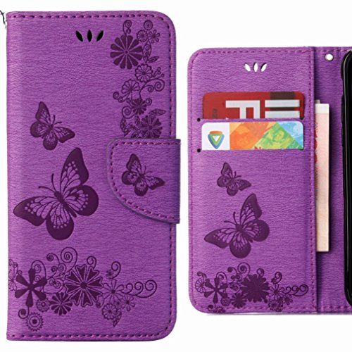 Ougger Handyhülle für Huawei Y6 (2018) Leder Schutzhülle Schale Weich TPU Silikon Magnetisch-Stehen Flip Cover Tasche Huawei Y6 (2018) mit Kartensteckplätzen, Schmetterling Streifen (Lila)
