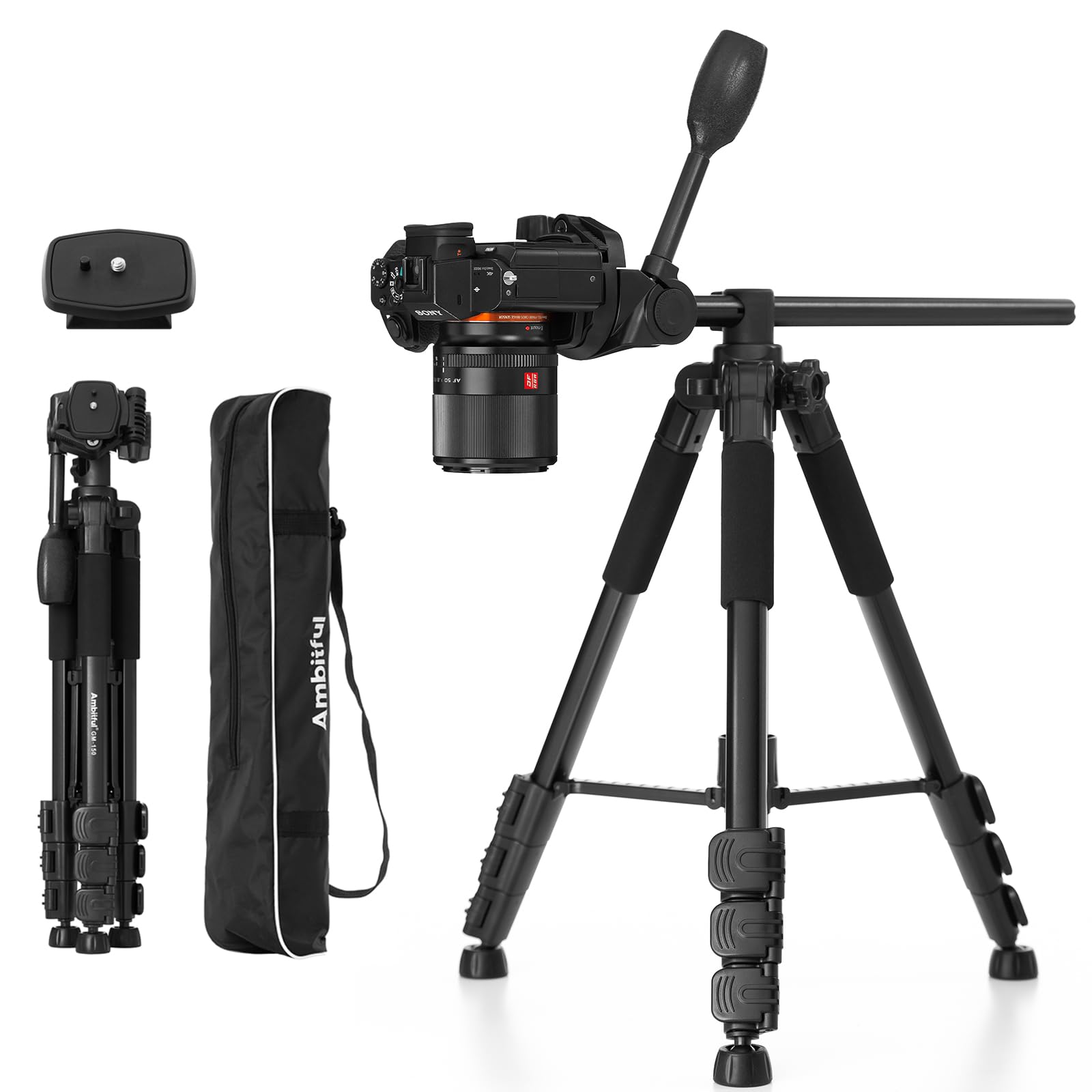 Ambitful 62" Professional Camera Tripod, Black - Removable Horizontal Mount for DSLR/Phone/Camcorder/Spotting Scopes, Tall Video Recording