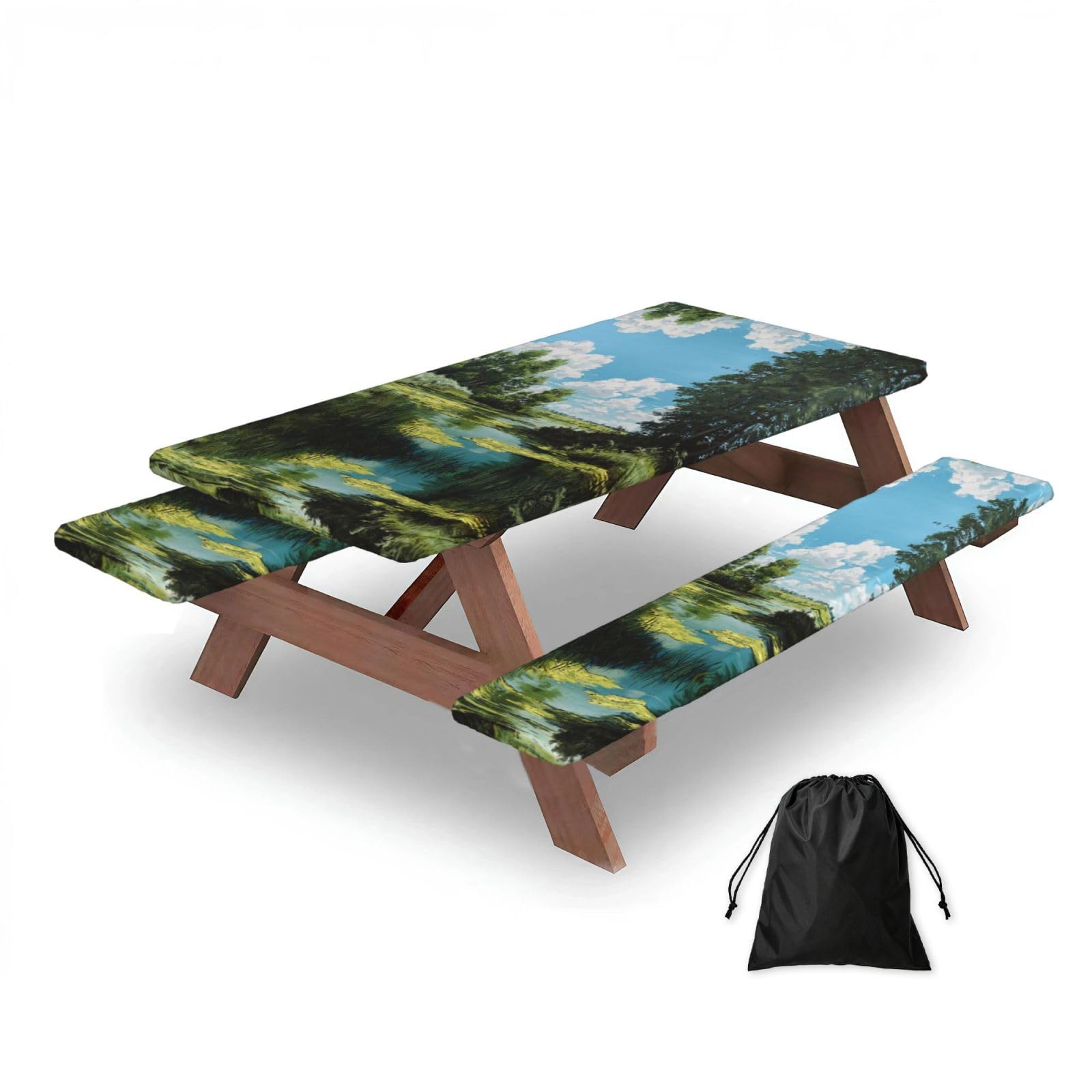 ESNAIUVCD Wetland Scenery Print Picnic Table Cover With Bench Covers,Camping Essentials,Fitted Tablecloth Cover With Elastic Edge, For Indoor & Outdoor 3 Pcs