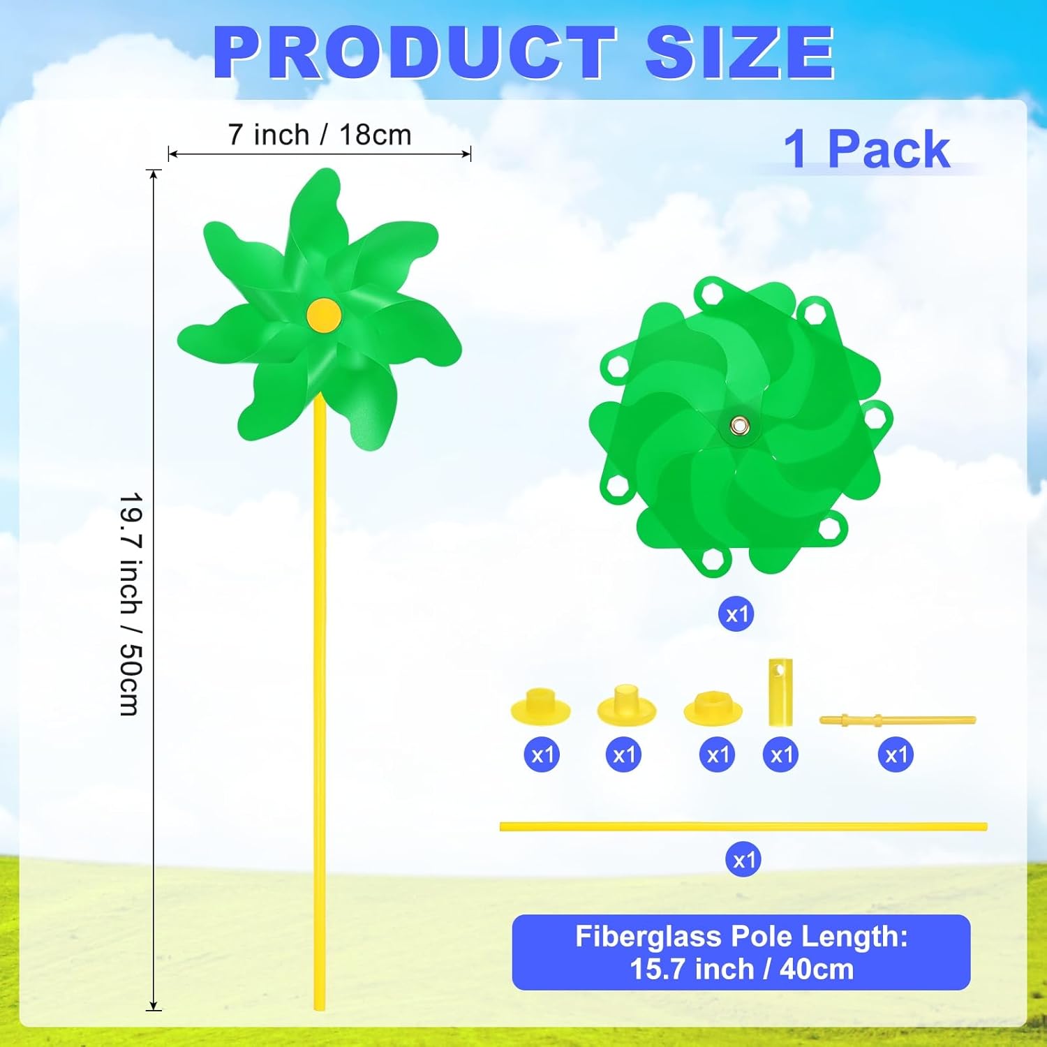 1-Pack Rainbow Pinwheels, 19.7 Inch Plastic Wind Spinners Outdoor Flower Windmill for Party Decorations/Yard/Garden, Toy Wind Spinners [Green]