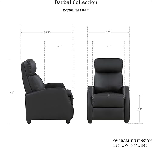 Miniatura 9 de Lexicon Barbal - Silla reclinable de piel sintética de 27 pulgadas de ancho, color negro